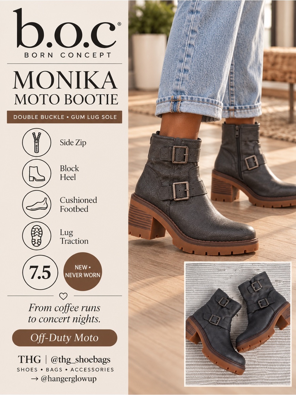b.o.c. Monika Moto Boots Dark Grey Gunmetal Buckle Lug Sole 7.5 NWOB